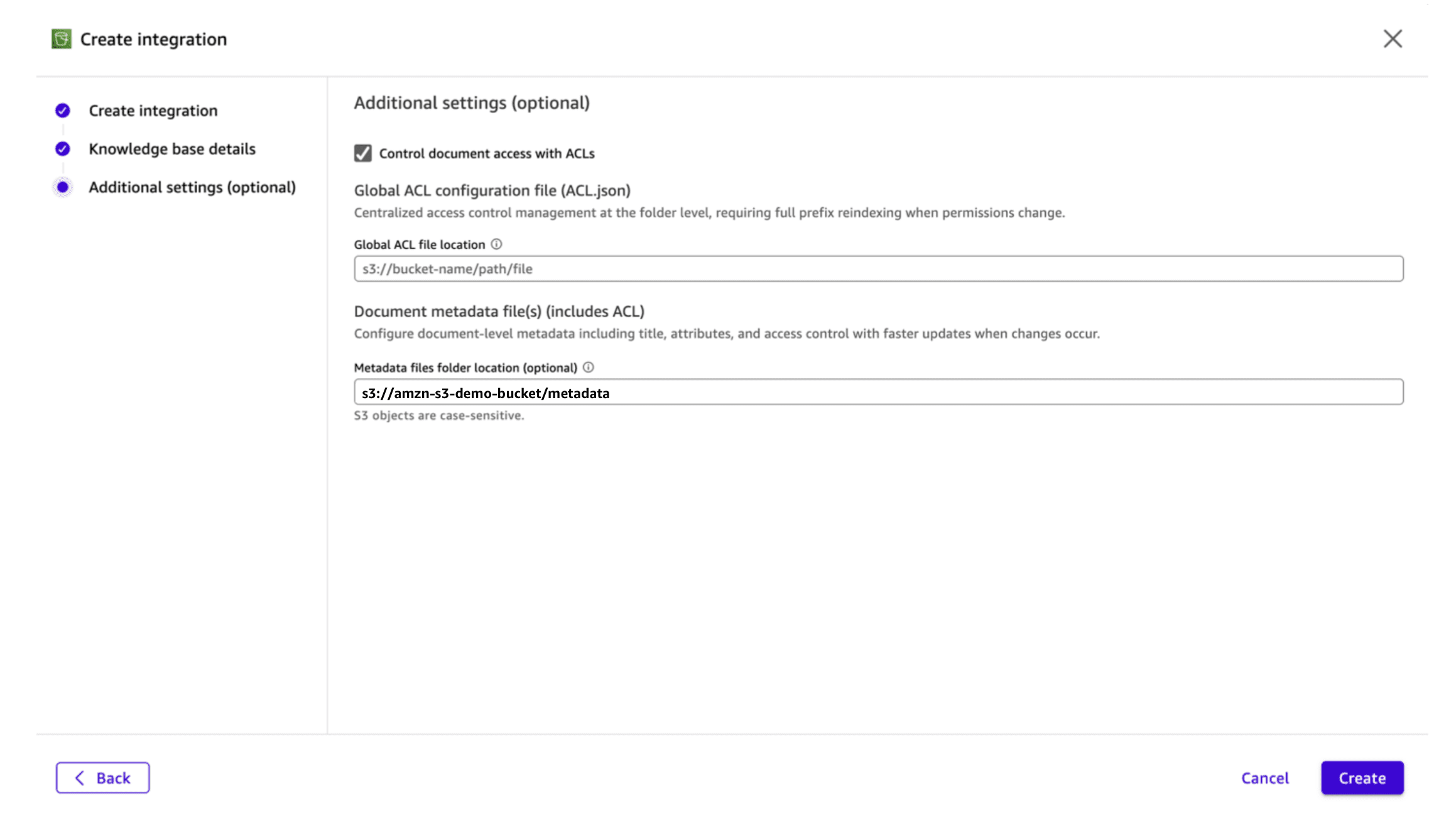 Additional settings step of the Create Integration wizard in Amazon Quick with 