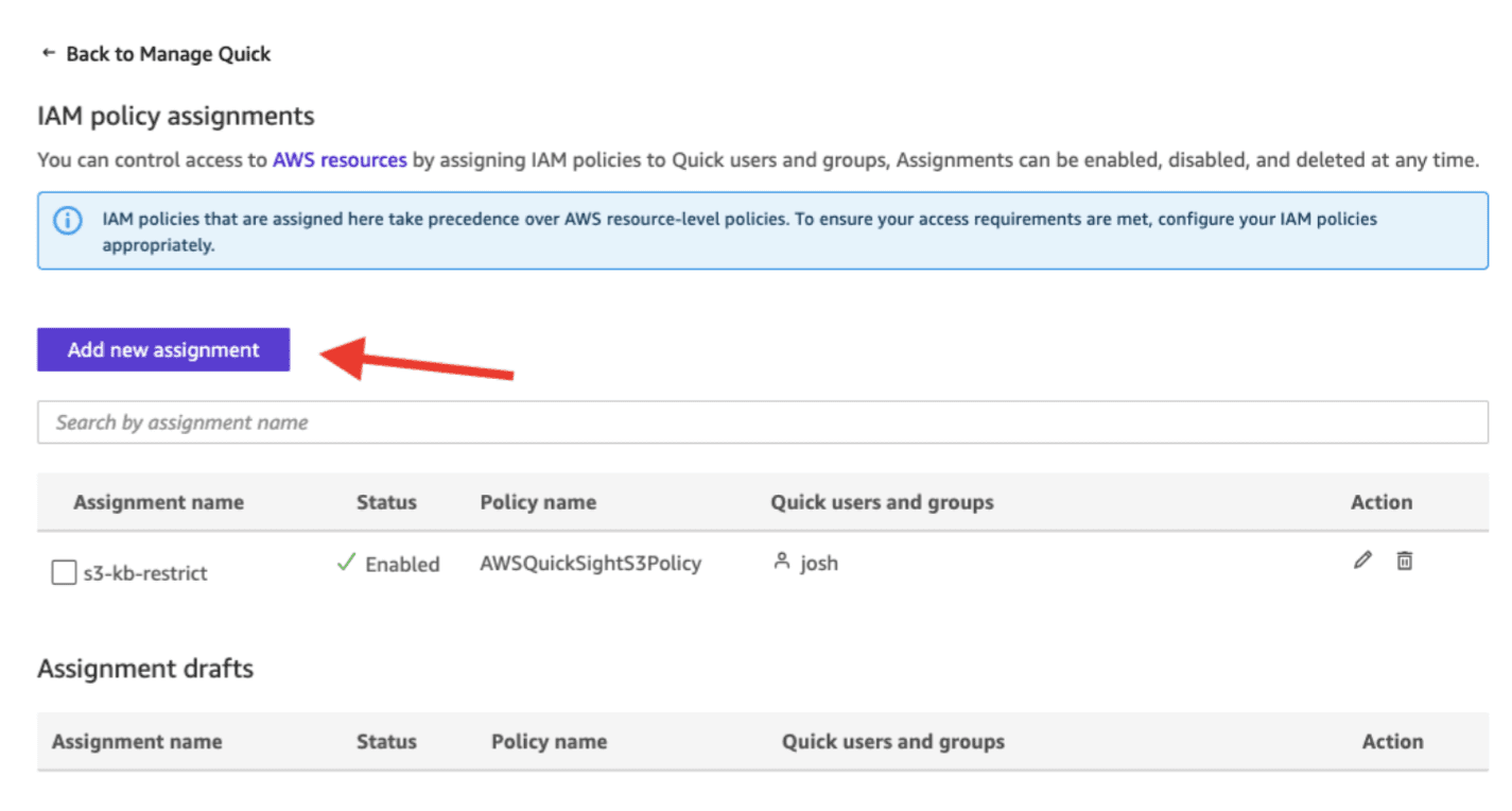 IAM policy assignments management page displaying one enabled assignment 