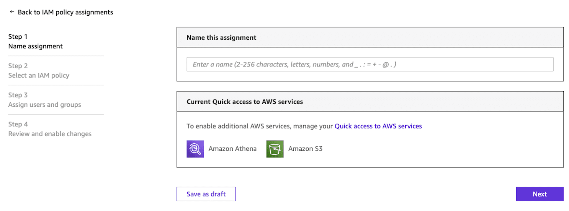 Step 1 of the IAM policy assignment wizard showing a 