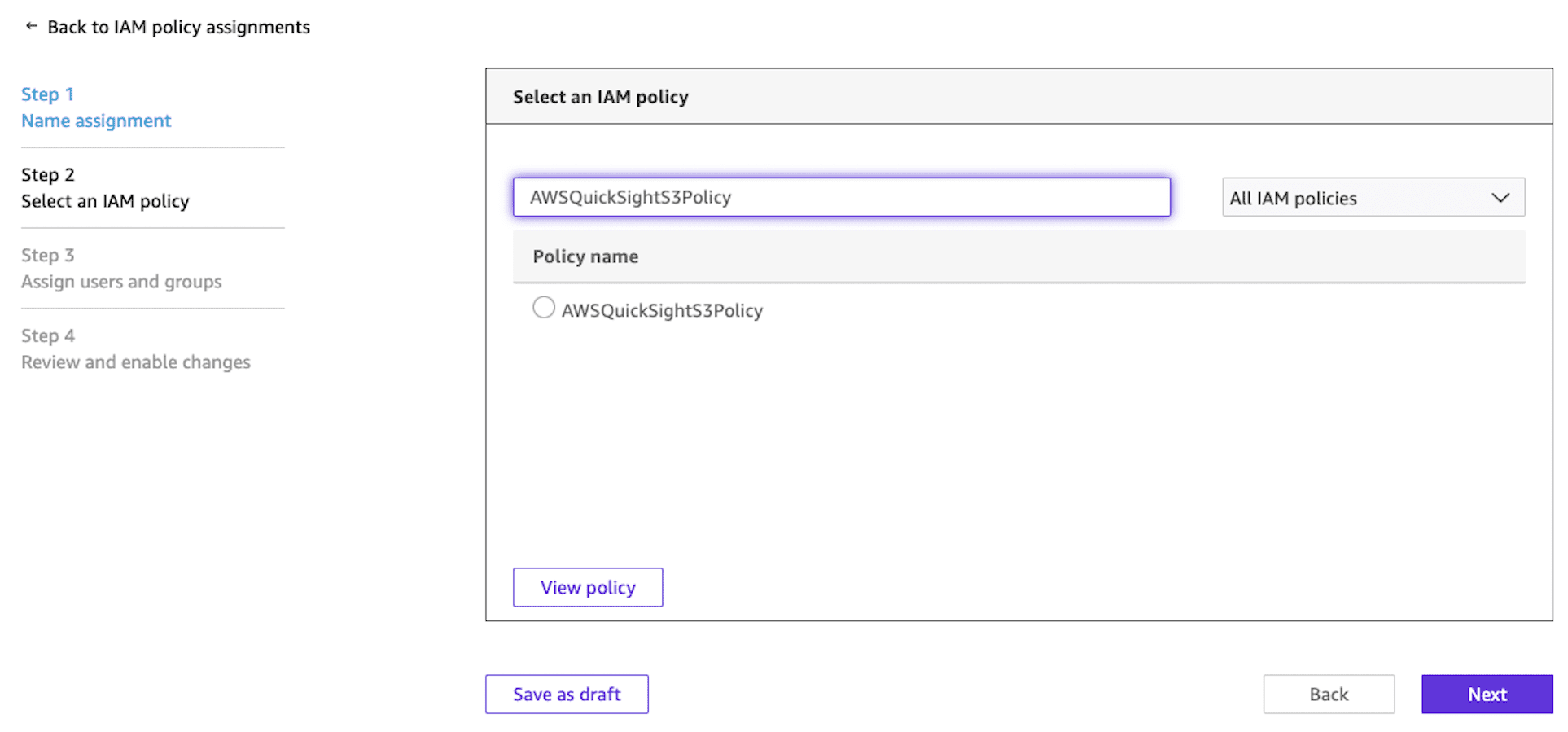 Step 2 of the IAM policy assignment wizard showing a search field with 