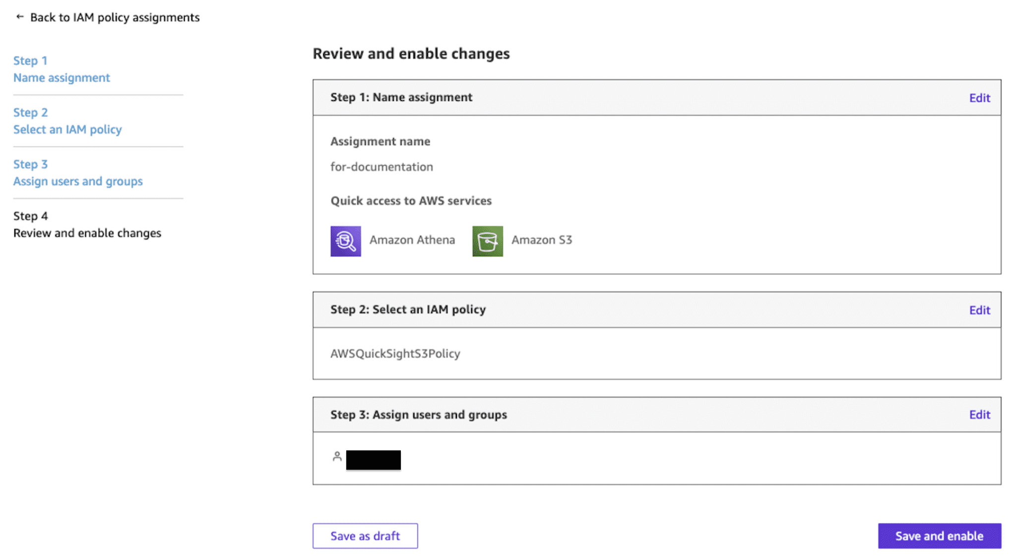 Step 4 review screen of the IAM policy assignment wizard summarizing the assignment name 