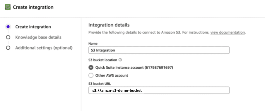 Step 1 of the Create Integration wizard in Amazon Quick showing fields for integration name (