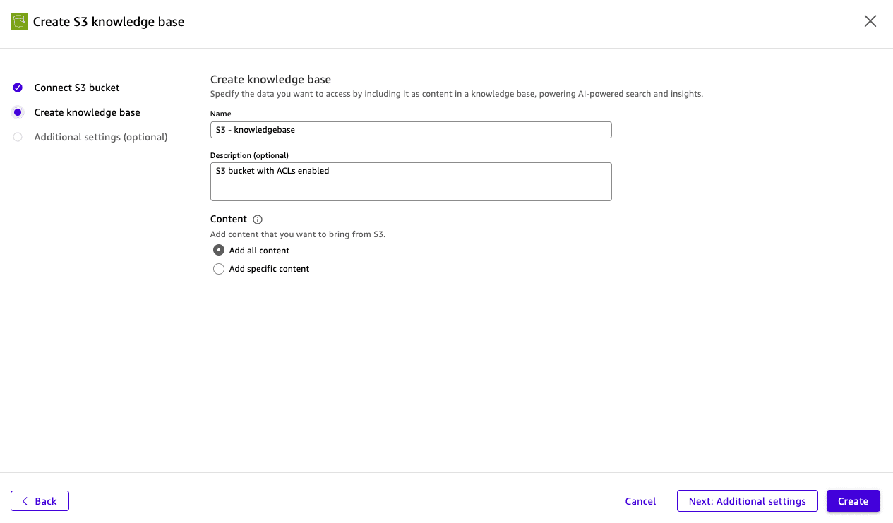 Step 2 of the Create S3 Knowledge Base wizard in Amazon Quick showing fields for name (
