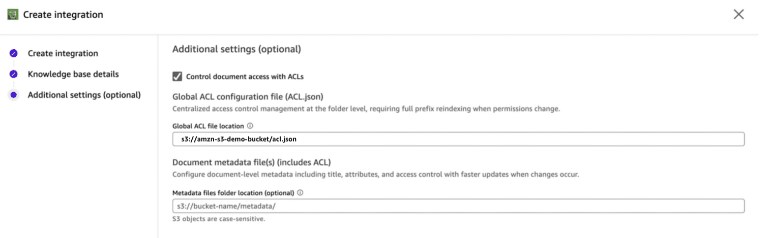 Additional settings step of the Create Integration wizard in Amazon Quick showing an enabled 