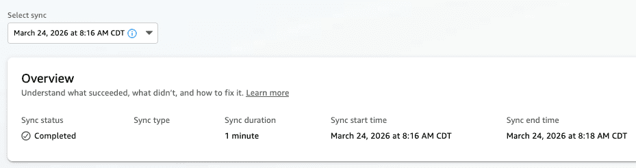 Sync status overview showing a completed sync operation with a 1-minute duration, starting March 24, 2026 at 8:16 AM CDT and ending at 8:18 AM CDT, with a green checkmark status indicator.