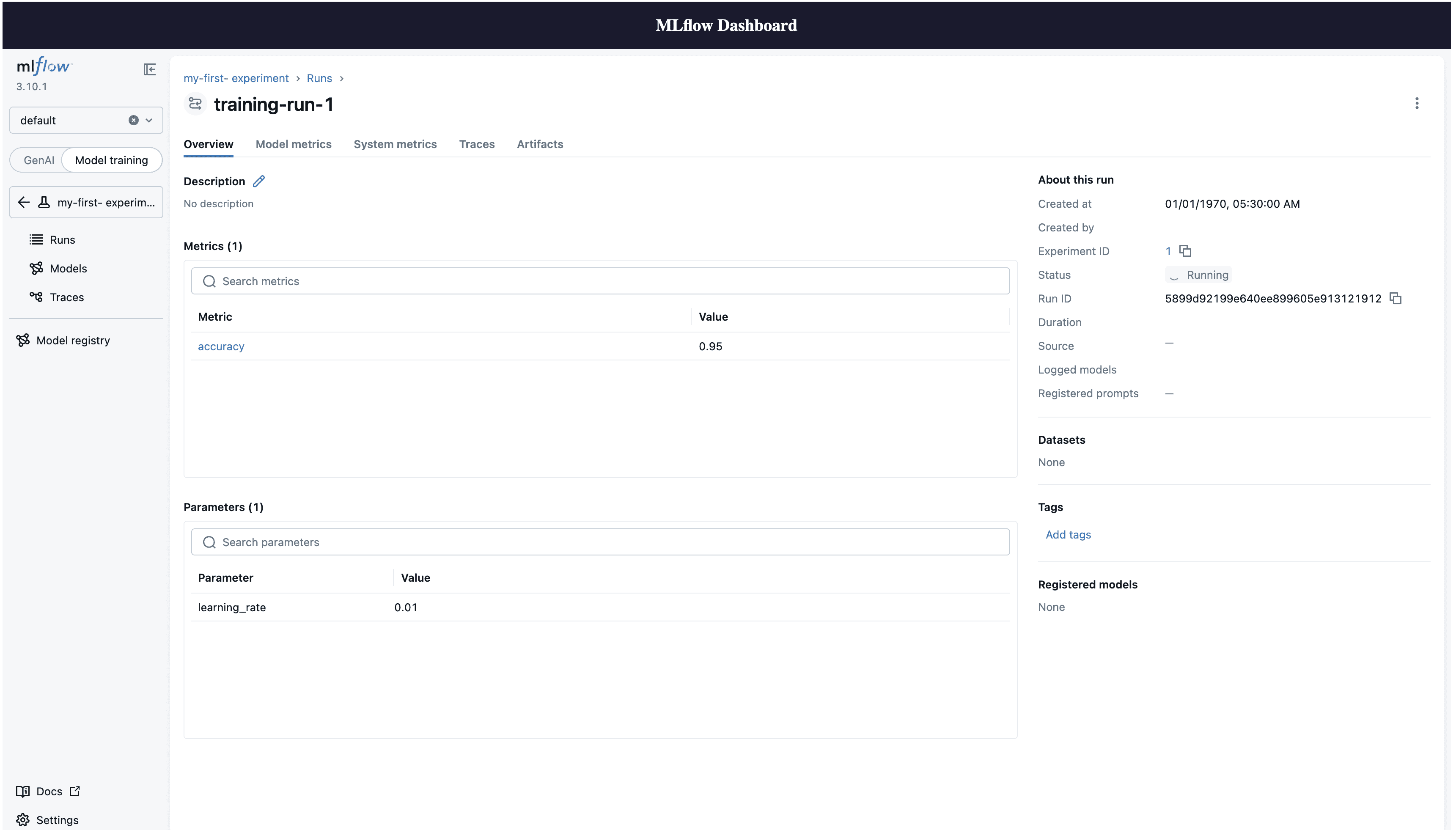 MLflow UI in the React dashboard showing the new experiment, run, logged parameters, and metrics created via the REST API