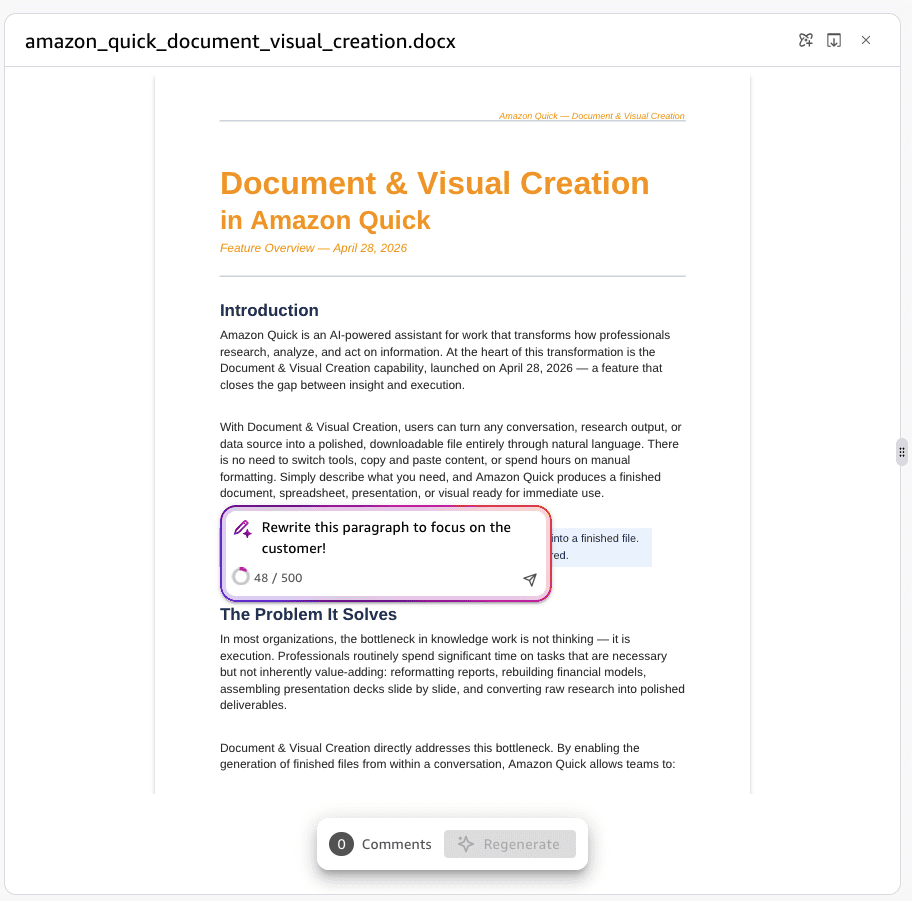 Quick document preview with a highlighted paragraph and an inline comment box where the user has typed Rewrite the paragraph to focus on the customer, and a Regenerate button