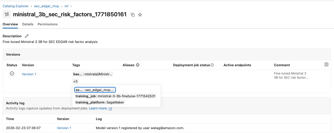 Databricks Unity Catalog model registry showing Version 1 of the ministral_3b_sec_risk_factors model fine-tuned for SEC EDGAR risk factor analysis.