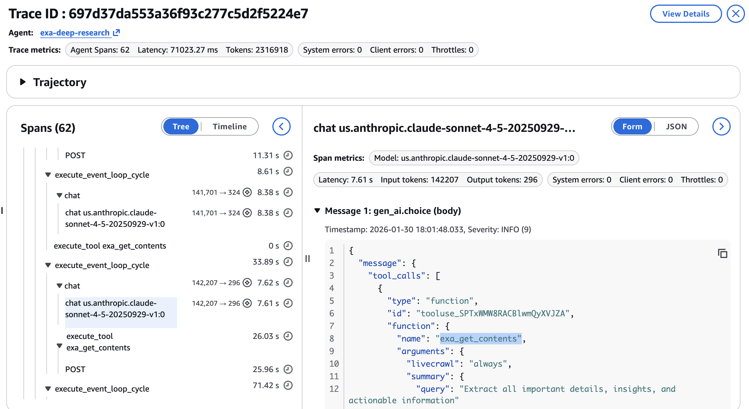 Trace Detail — Tool Call JSON Payload