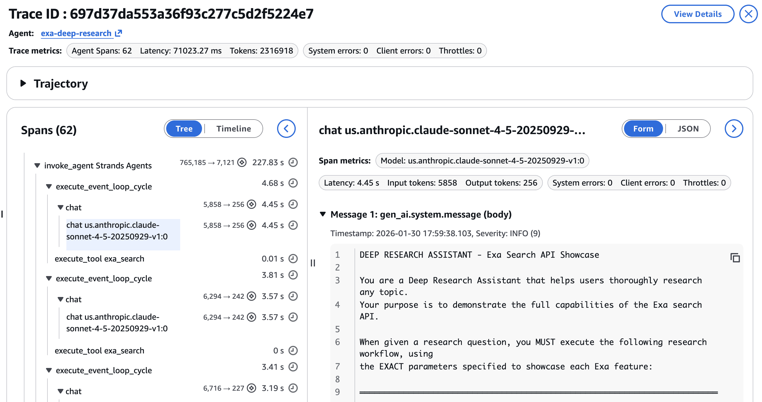 Trace Detail — System Prompt and Agent Initialization