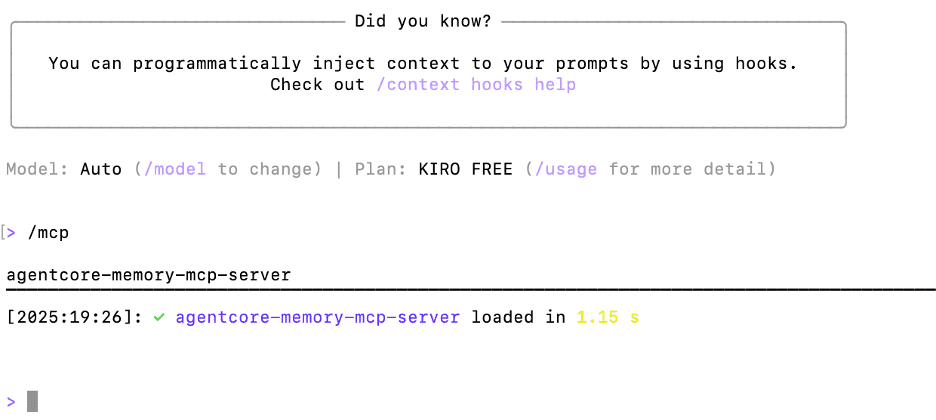 Kiro CLI terminal showing agentcore-memory-mcp-server loaded in 1.15 seconds with a context hooks tip