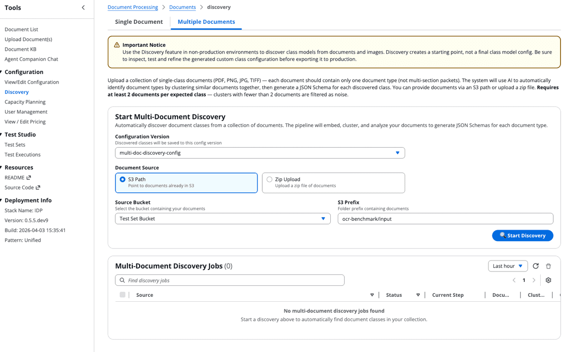 Screenshot of the AWS IDP Discovery console's Multiple Documents tab, showing the Start Multi-Document Discovery form configured with an S3 path source, 