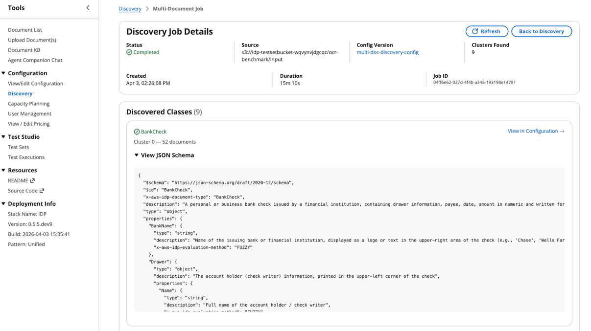Screenshot of the AWS IDP Discovery Job Details page showing a completed multi-document discovery job that found 9 clusters in 15 minutes, with the BankCheck class expanded to display its generated JSON Schema.
