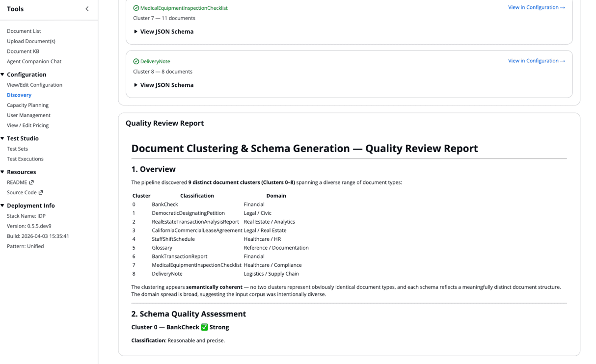 Screenshot of the AWS IDP Discovery Job results showing the last two discovered classes (MedicalEquipmentInspectionChecklist and DeliveryNote) followed by the Quality Review Report with an overview table of all 9 document clusters and the beginning of a schema quality assessment.
