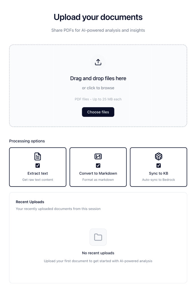 AI-powered document upload interface with drag-and-drop zone, processing options for text extraction, Markdown conversion, and knowledge base sync, plus a recent uploads section.
