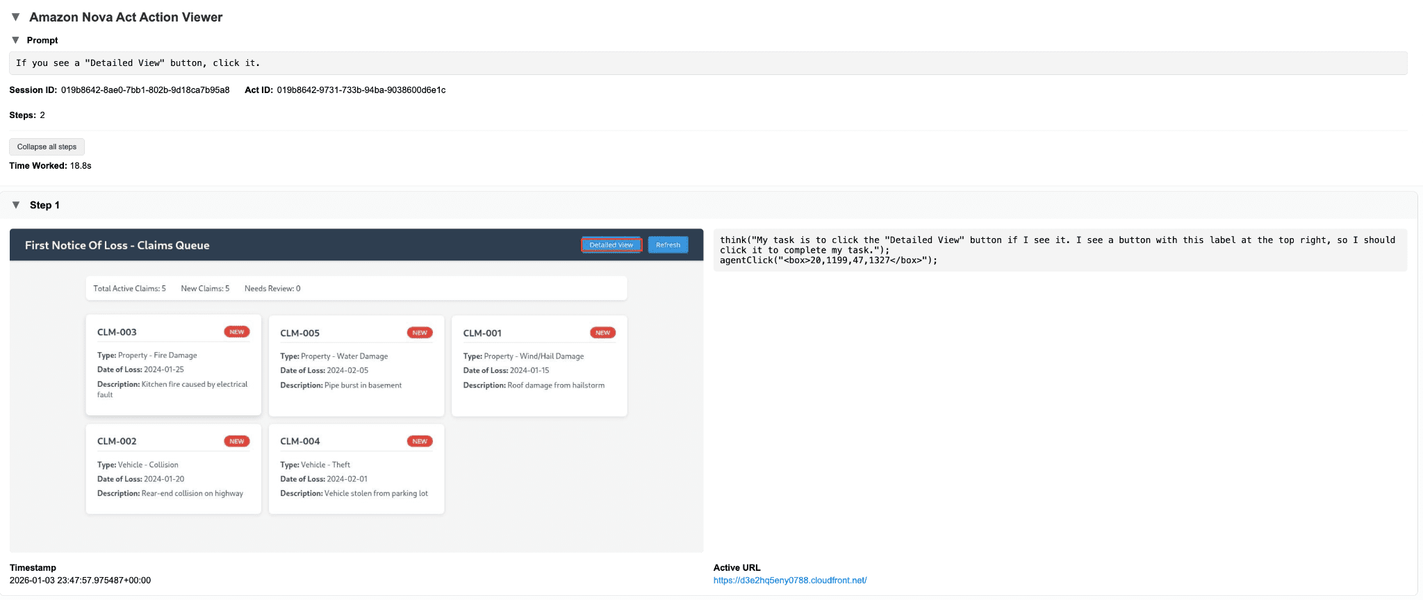 Initial view of FNOL queue as seen by Nova Act