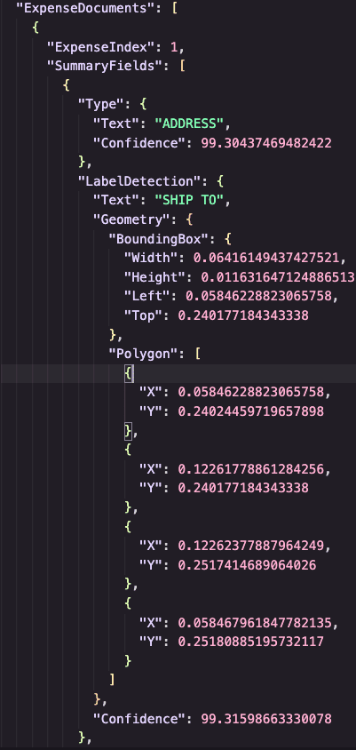 Amazon Textract output highlighting detected fields with bounding boxes on the invoice