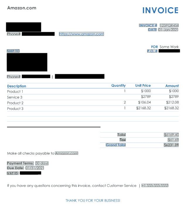 Sample invoice with sensitive fields redacted using black boxes
