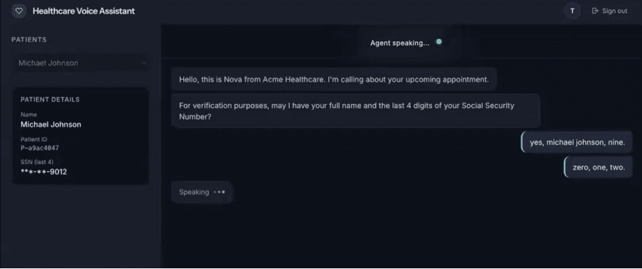 Healthcare Voice Assistant interface during a live patient call