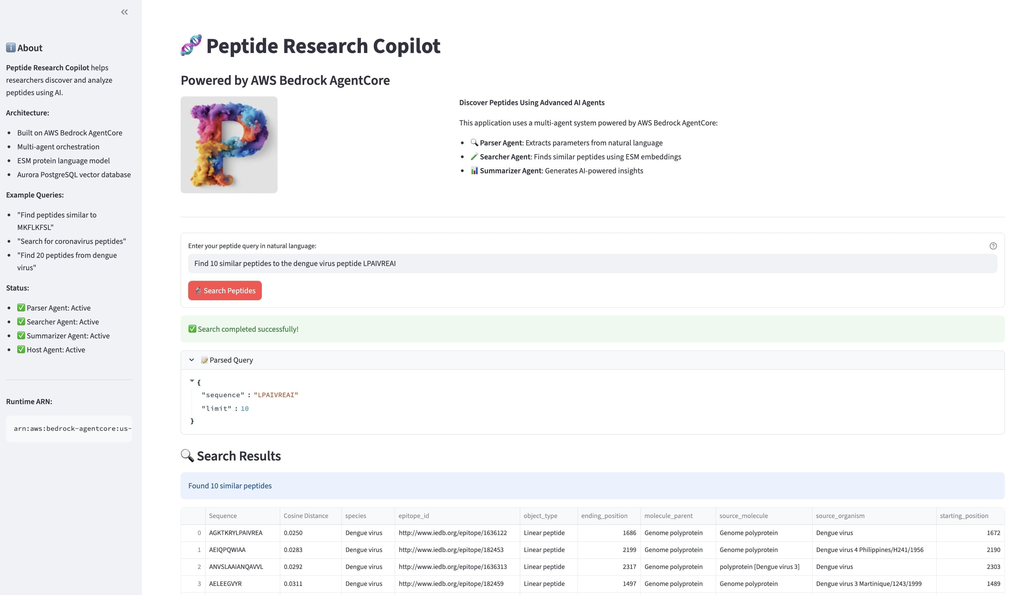 Streamlit frontend showing a peptide similarity search query and results table with cosine distances and metadata