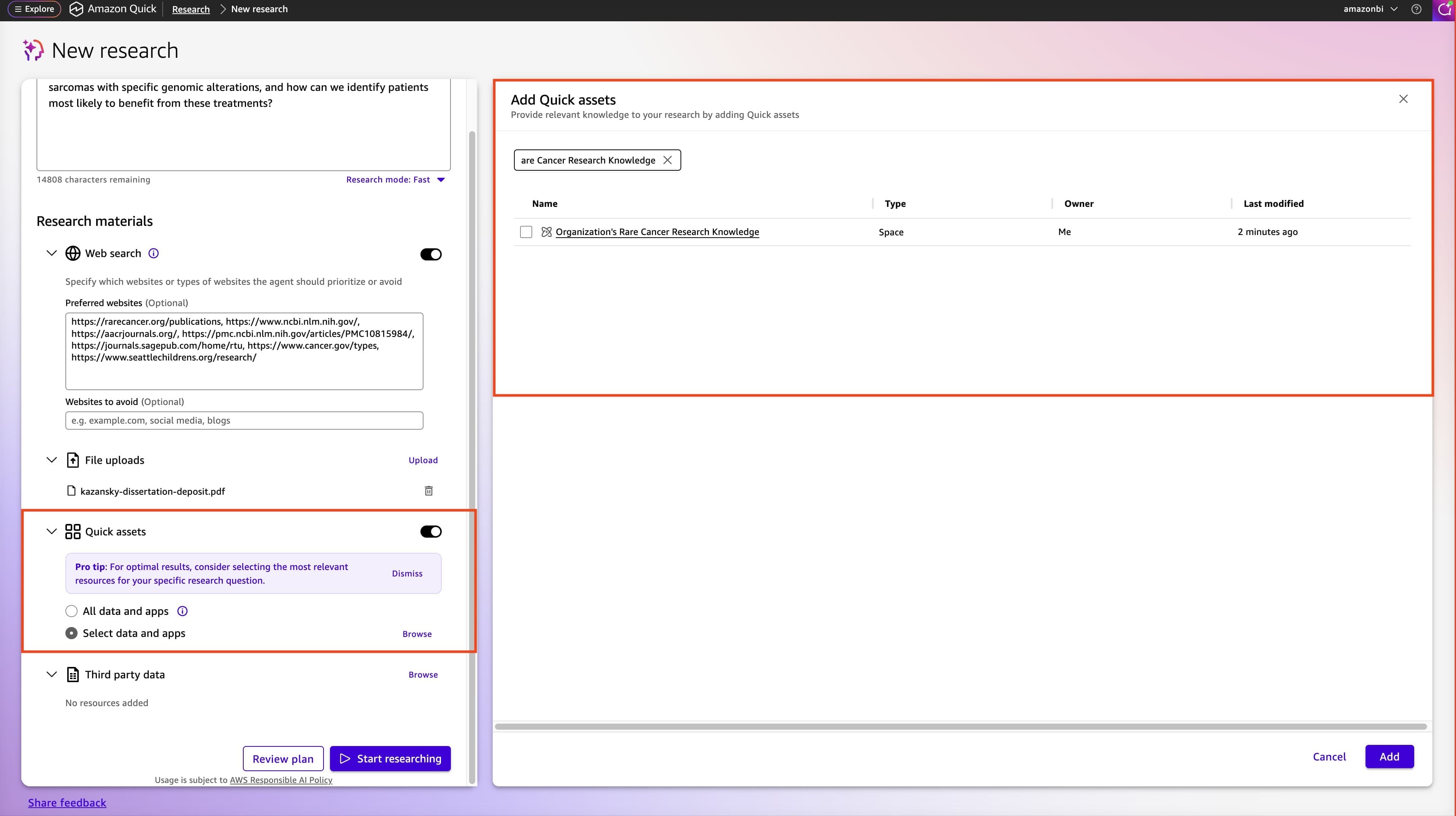 Figure 3 Screenshot of the Add Quick assets dialog showing a search field for Cancer Research Knowledge and a table displaying Organization’s Rare Cancer Research Knowledge space with columns for Name, Type, Owner, and Last modified.
