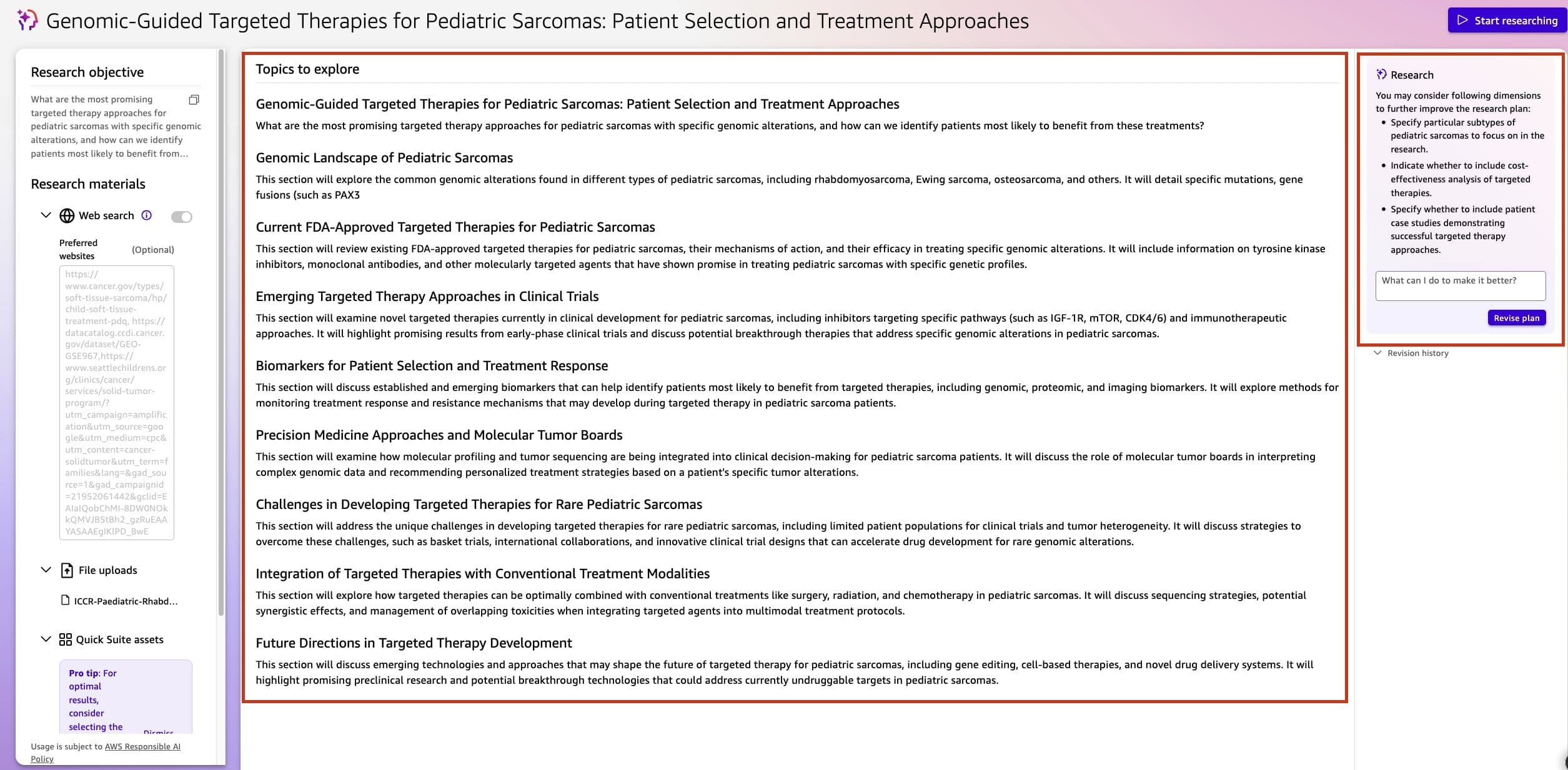 Figure 4 Screenshot of the Topics to explore section showing the AI-generated research plan with topics including Genomic-Guided Targeted Therapies, Genomic Landscape of Pediatric Sarcomas, Current FDA-Approved Targeted Therapies, and other research areas.
