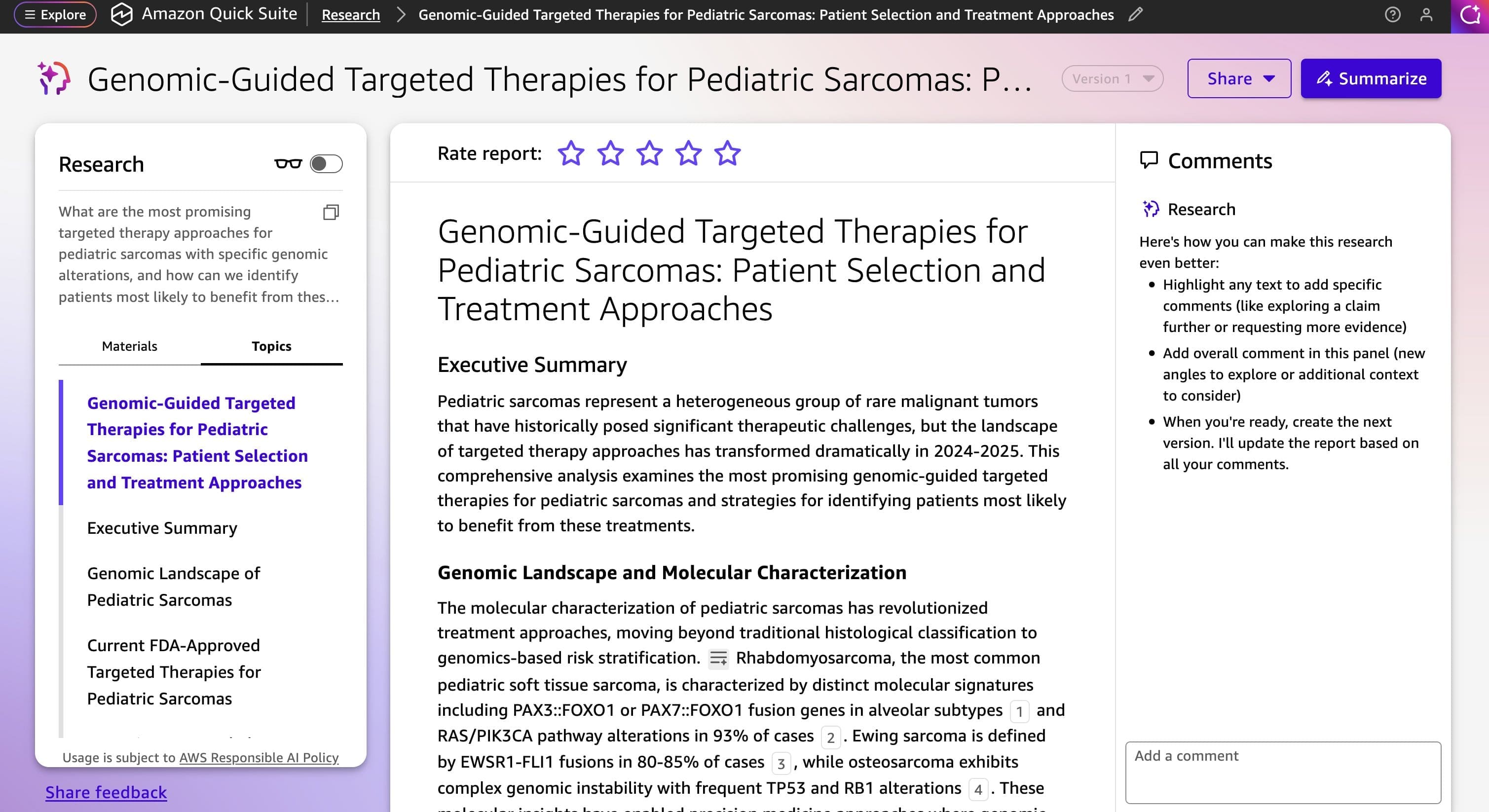 Figure 5 Screenshot of the completed research report titled Genomic-Guided Targeted Therapies for Pediatric Sarcomas showing the Executive Summary section, navigation sidebar with topics, and Comments panel with research improvement suggestions.