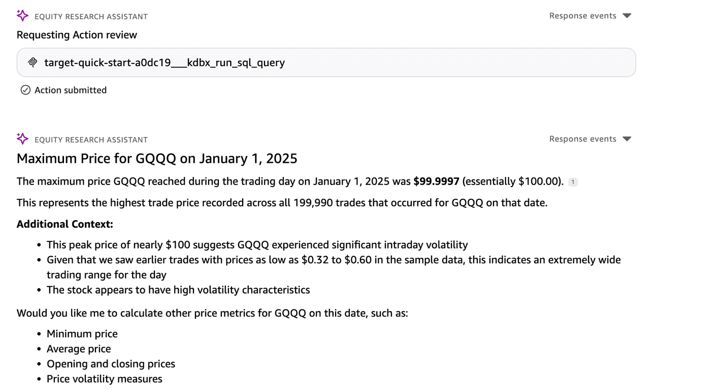 Quick chat agent returning the maximum recorded trade price for a stock during a trading day