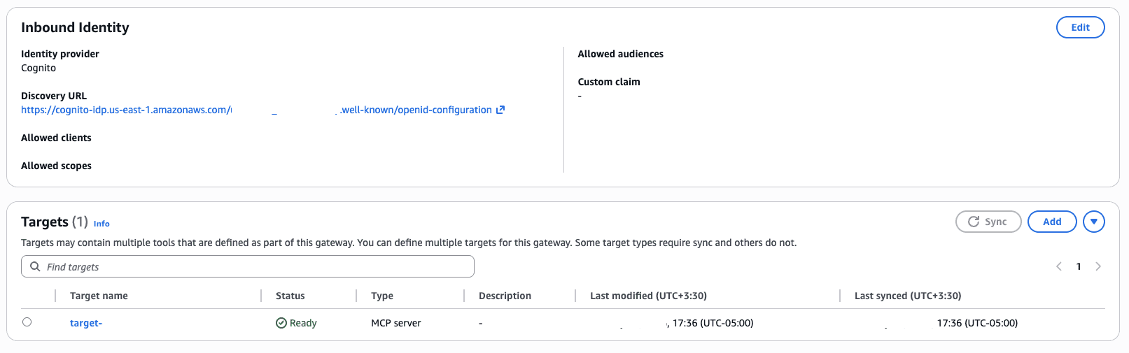 Amazon Bedrock AgentCore Gateway console showing the MCP server target configured with Ready status
