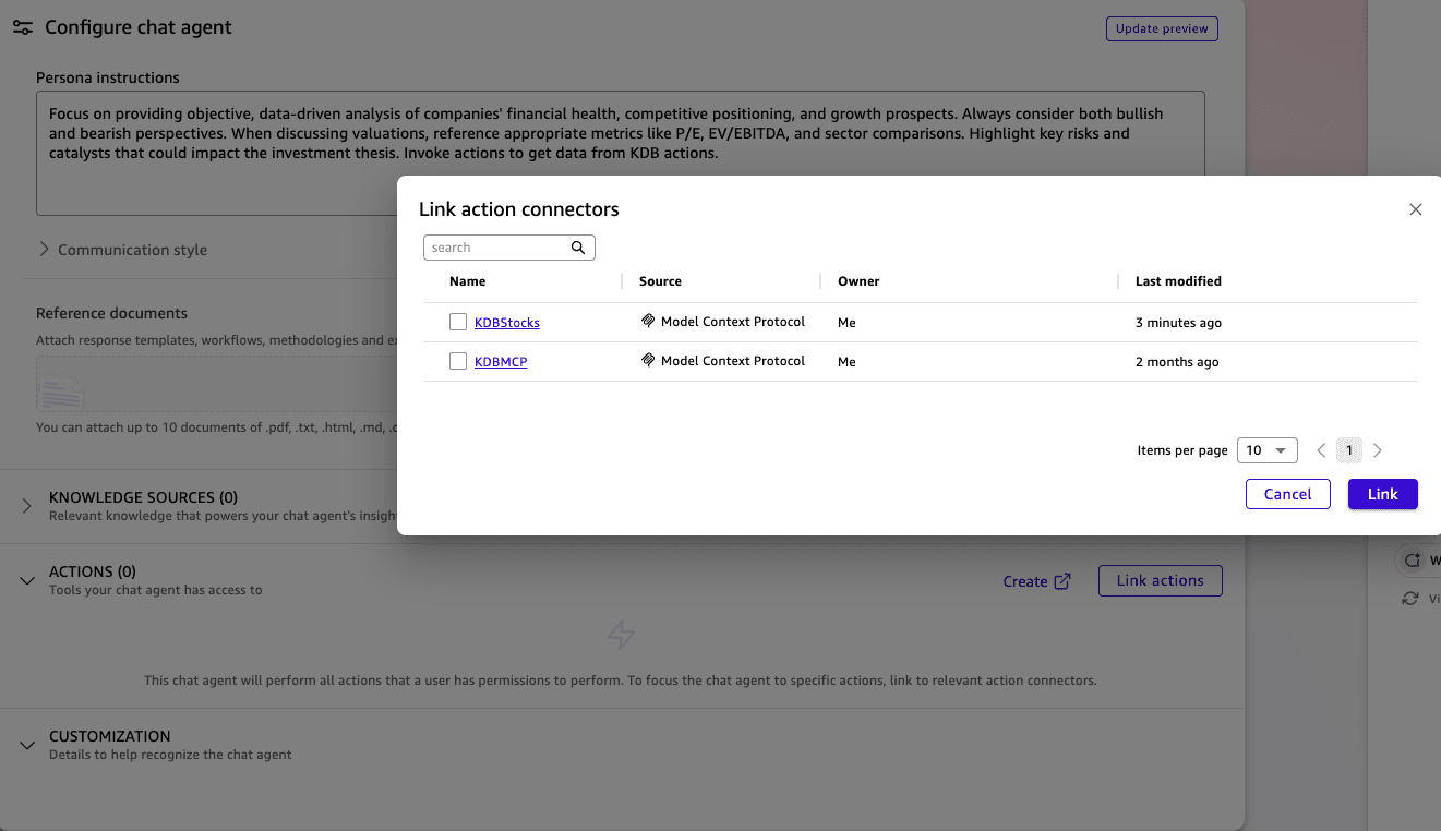 Quick chat agent creation screen with description, instructions, and the configured MCP action selected