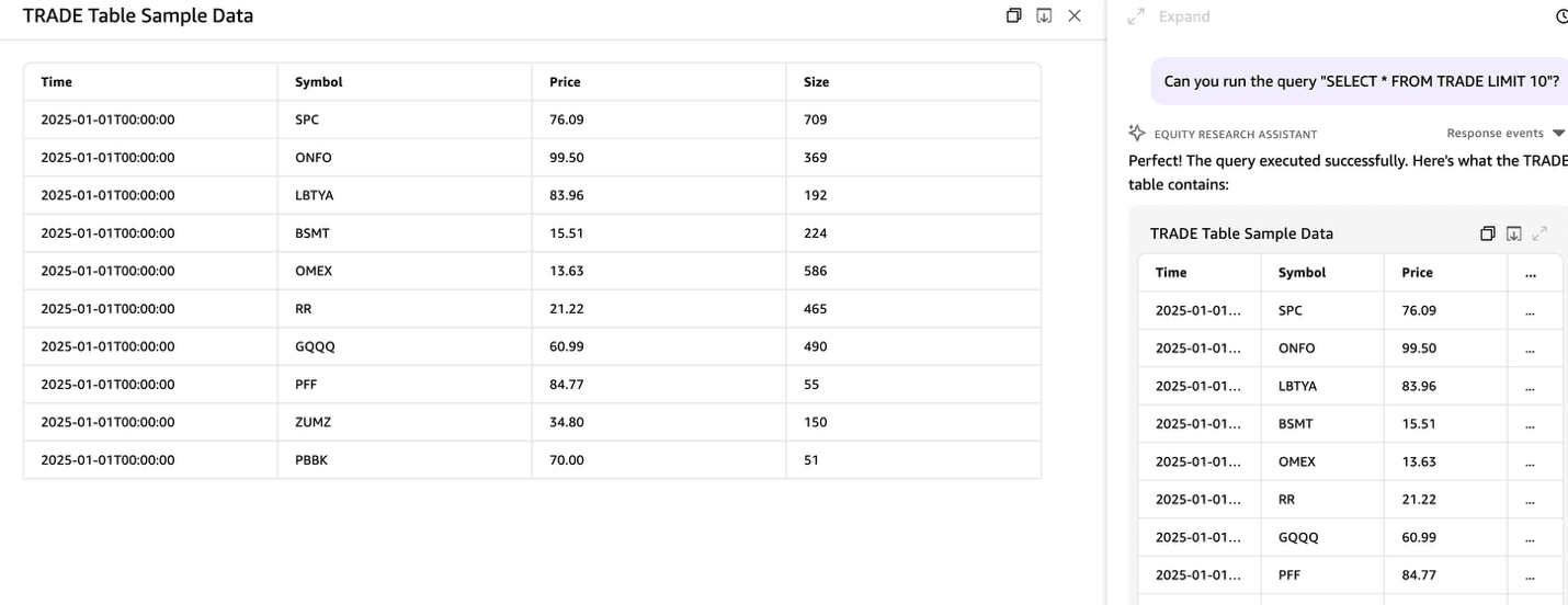 Quick chat agent returning a sample of 10 stock rows retrieved from the KDB-X trade table