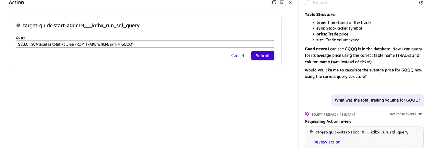 Quick chat agent generating the SQL aggregation query for total trading volume of a stock symbol