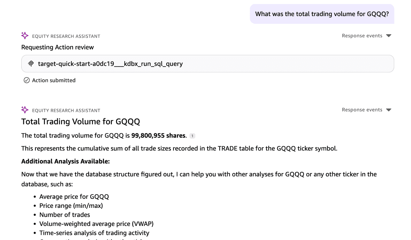 Quick chat agent displaying the aggregated total trading volume returned from the KDB-X database