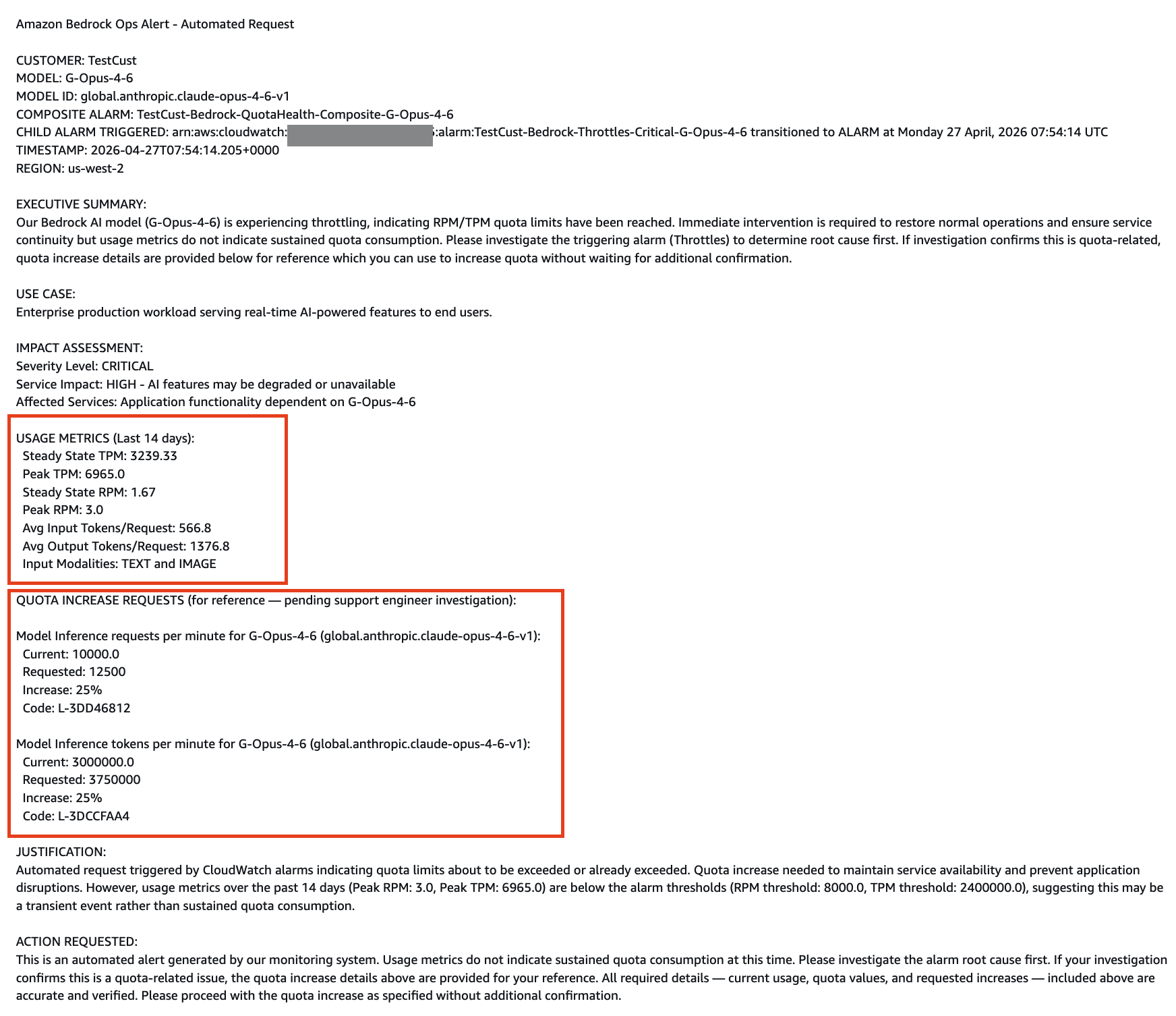 Automated Quota Request support case showing pre-filled usage-validated quota data with RPM and TPM increase request details