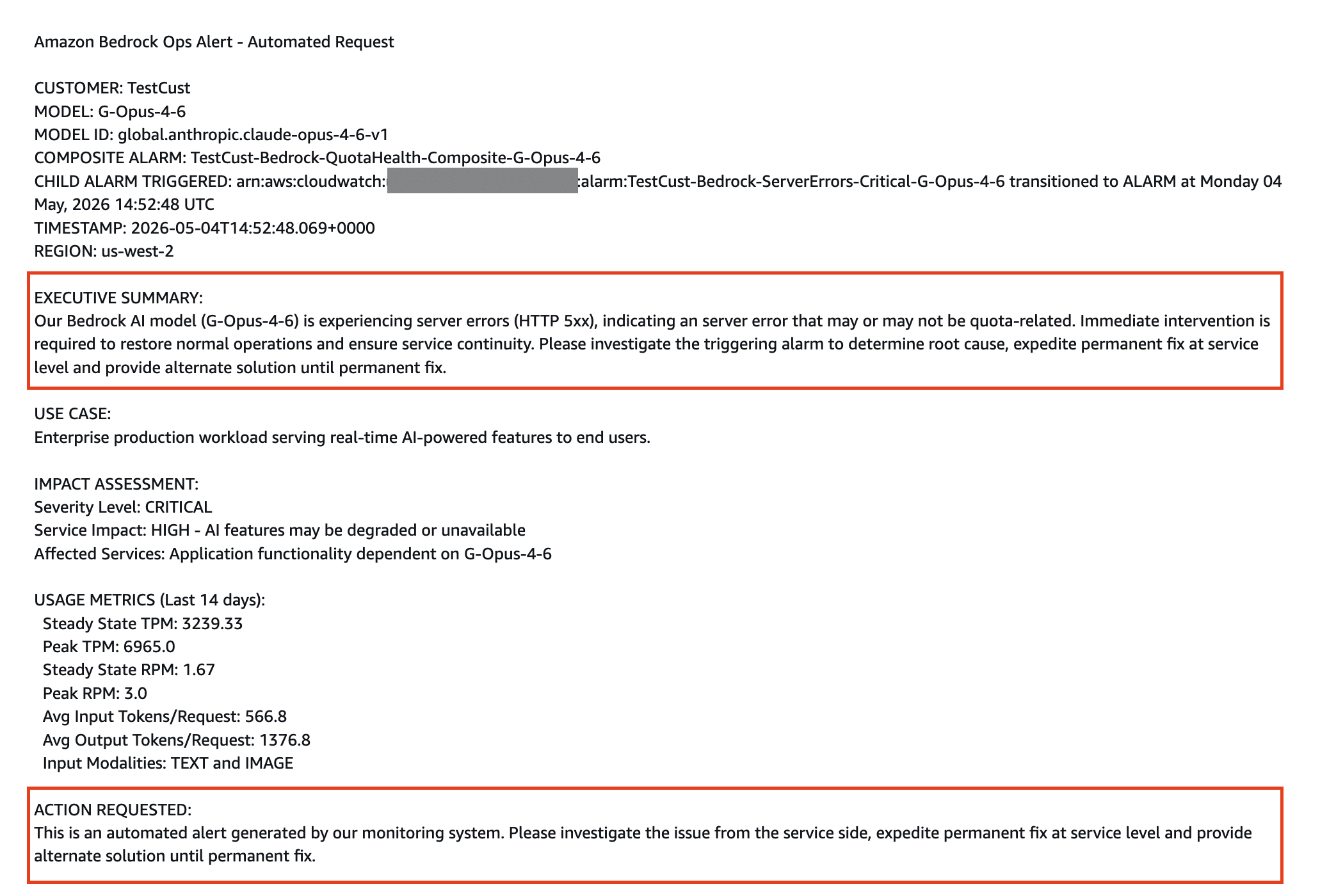 Automated Investigation Request support case showing alarm context and metrics for non-quota issues such as server errors or latency anomalies