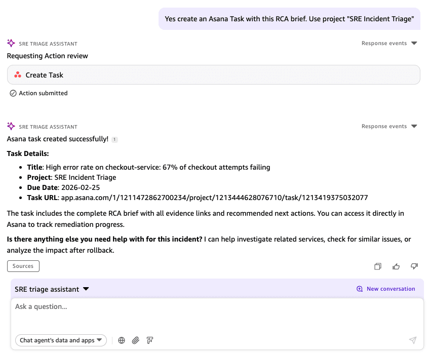 Asana task created by the incident triage agent in the SRE Incident Triage project containing the RCA brief and evidence links