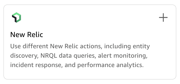 New Relic tile in the Amazon Quick Integrations console with the plus icon to add the connector