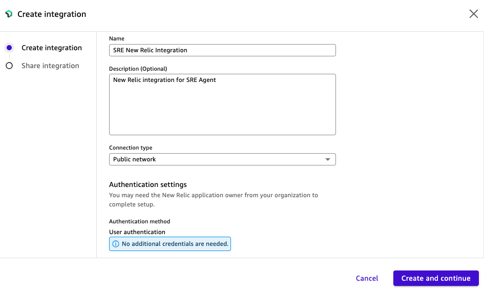 Create integration dialog in Amazon Quick configuring a New Relic MCP Server integration with public network connection