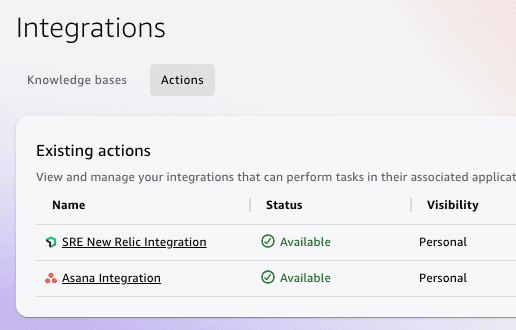 New Relic and Asana integrations listed as Available in the Existing actions panel of the Amazon Quick Integrations console