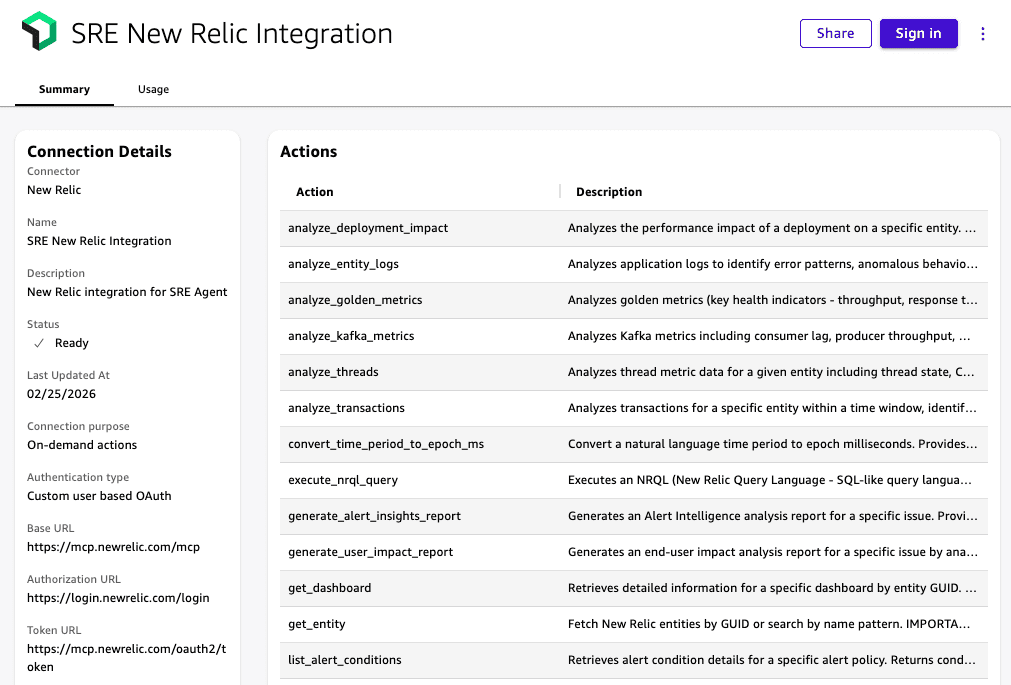 New Relic MCP Server integration detail page in Amazon Quick listing available actions and the Sign in button to authenticate