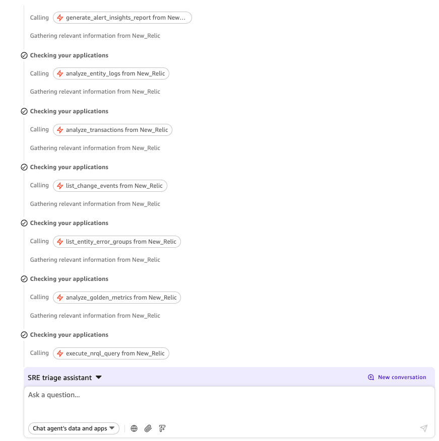 Incident triage agent in Amazon Quick calling New Relic reasoning tools in sequence from a single user prompt