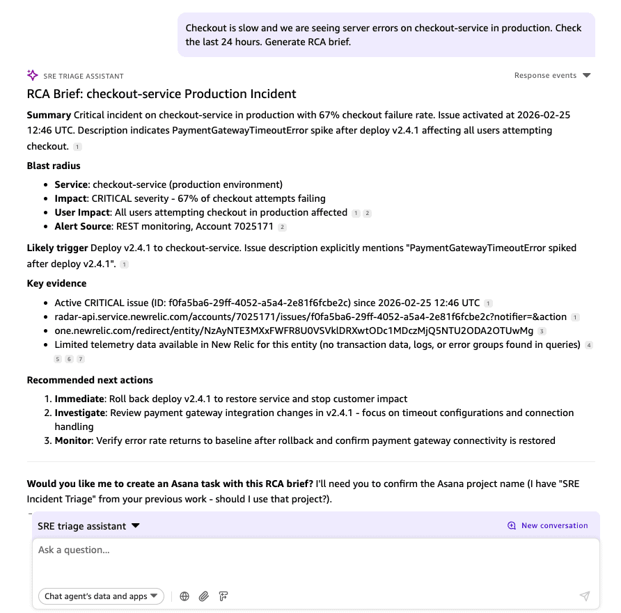 Generated RCA brief in the Amazon Quick chat showing summary, blast radius, likely trigger, evidence links, and recommended next actions for the checkout-service incident