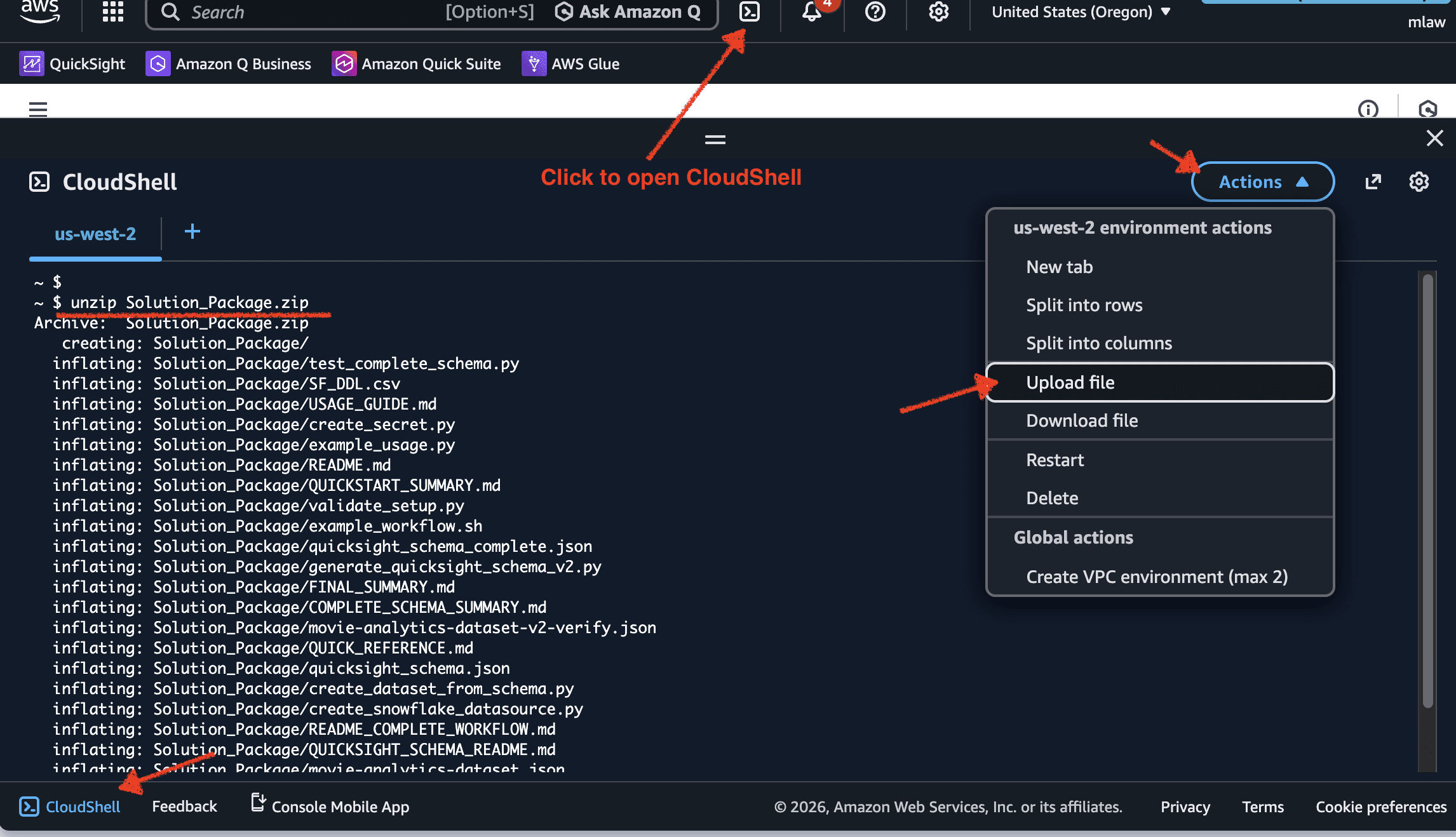 AWS CloudShell Actions menu with the Upload file option highlighted