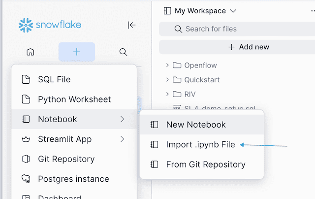 Snowsight + menu showing the Notebook import option