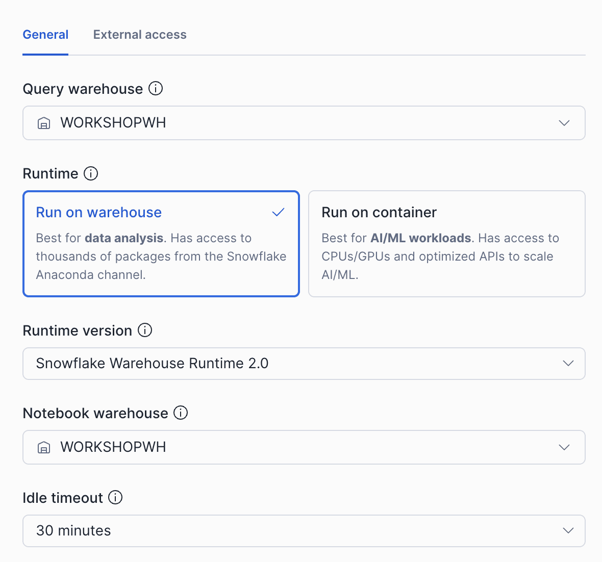 Snowsight Notebook creation dialog with the Run on Warehouse option selected