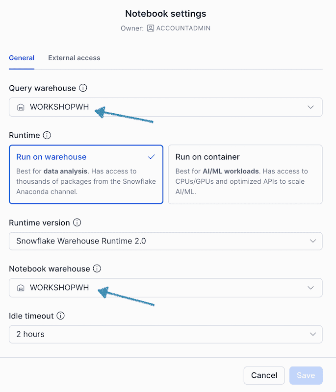 Snowsight notebook settings panel showing warehouse selection