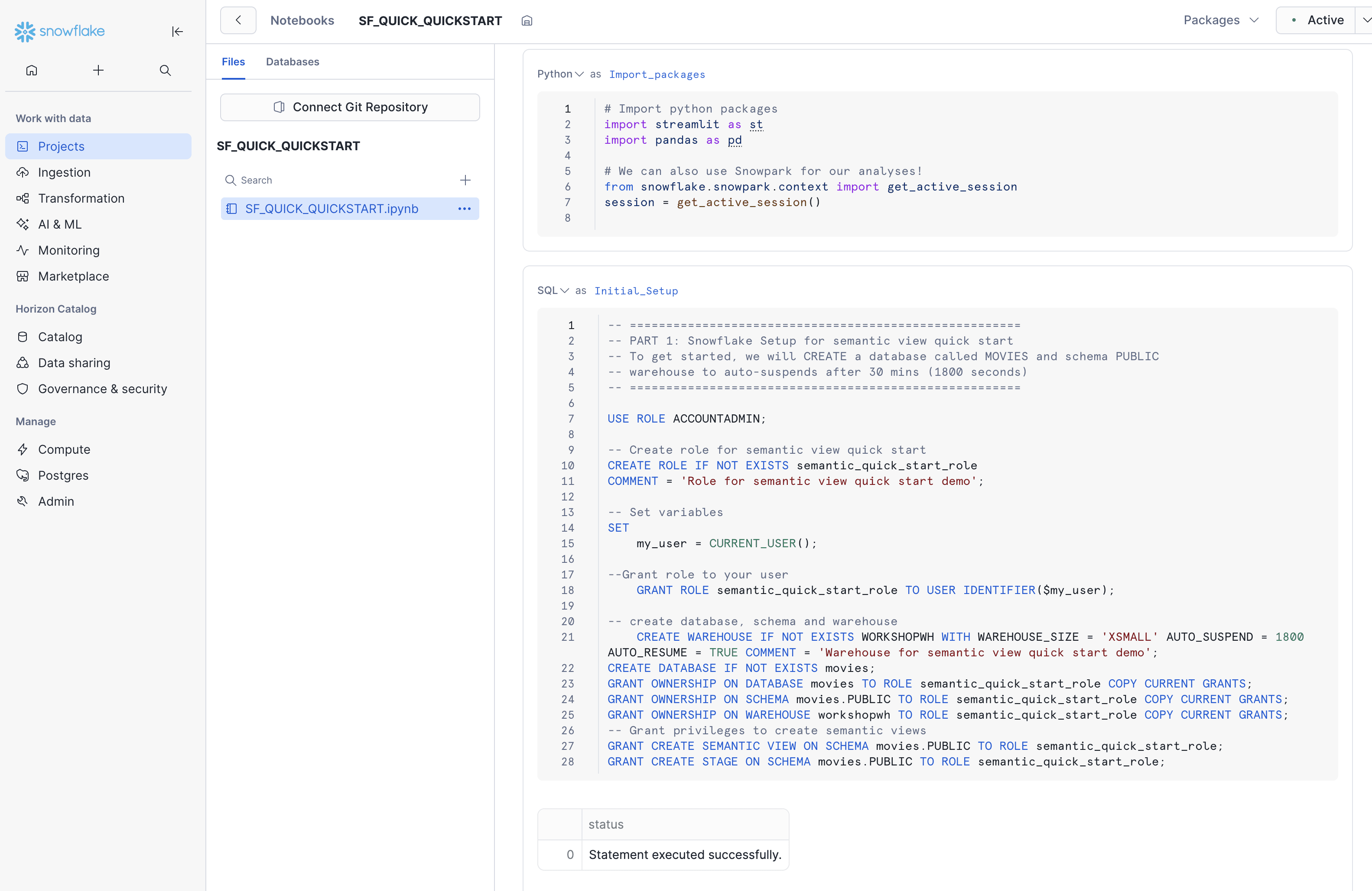 Snowsight notebook with completed cells loading data into the MOVIES database