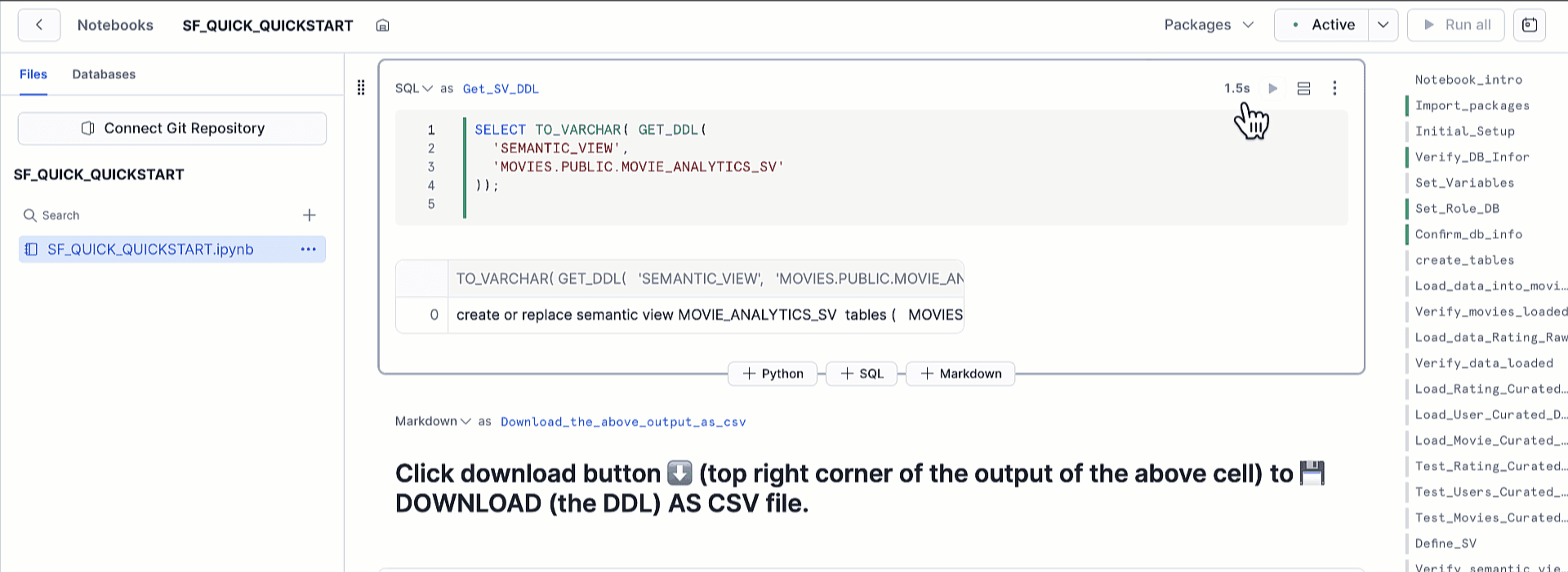 Snowsight cell showing the Download as CSV option for the SF_DDL.csv output