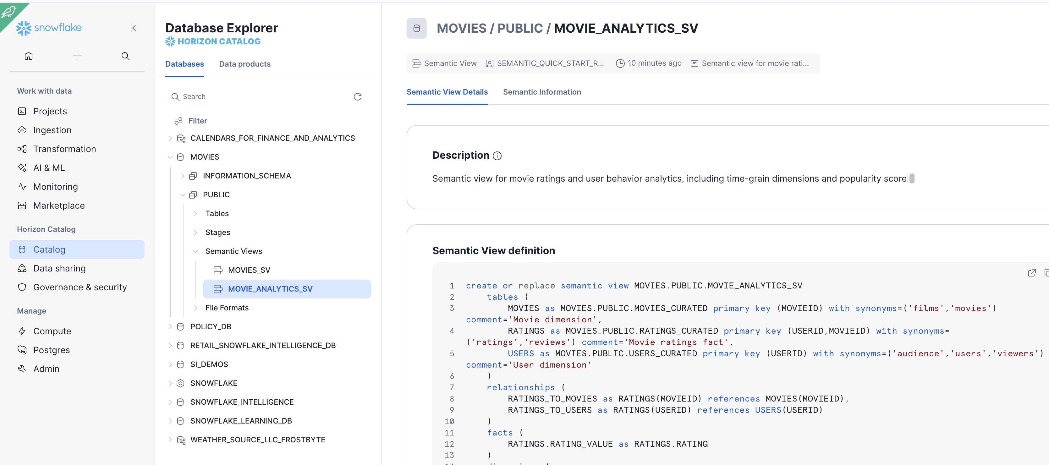 Snowsight AI and ML section showing the MOVIES_ANALYST_SV semantic view structure