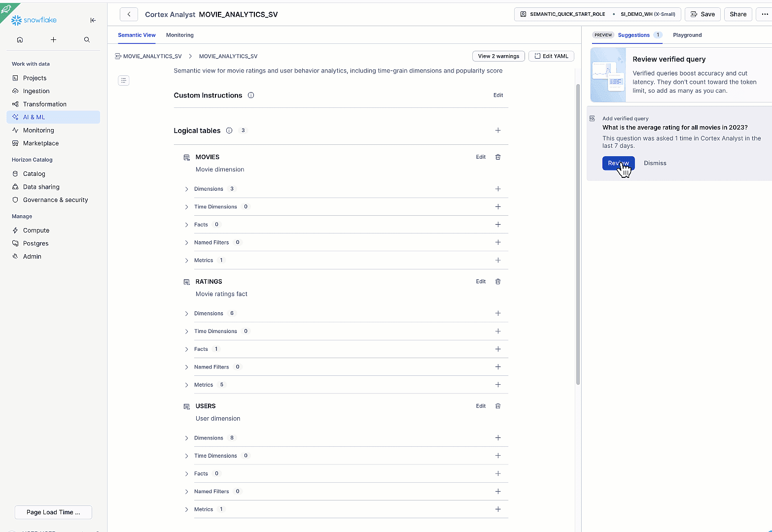 Snowsight verified queries panel for Cortex Analyst showing example questions and approved SQL
